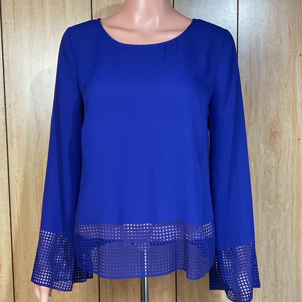 Worthington Royal Blue Long-Sleeve Blouse with Laser Cut Hem SZ - S